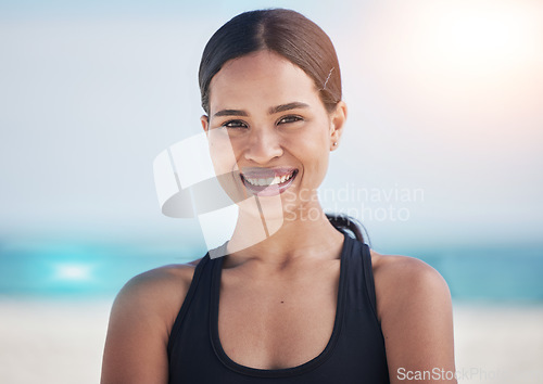 Image of Happy woman, portrait and fitness on beach for workout, cardio exercise or outdoor training on mockup. Face of fit, active or sports female person smile in confidence for healthy body on ocean coast