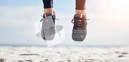 Image of Woman, fitness and shoes jumping on mockup in air for sports motivation, running or outdoor exercise. Closeup of female person, athlete or runner feet jump in workout for healthy wellness or training