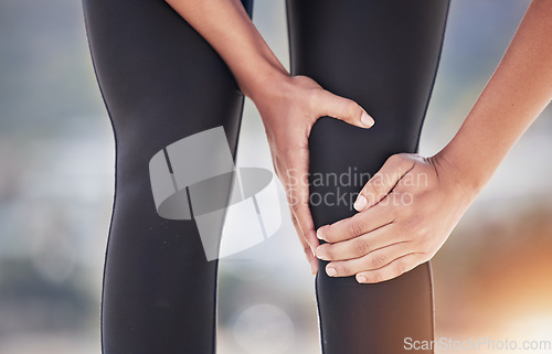 Image of Closeup of sports person, knee pain and injury for fitness, first aid emergency and exercise health risk outdoor. Legs of athlete, accident and workout mistake with injured muscle, problem and wound