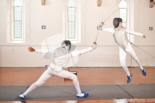 Image of Sport, fencing and men with sword to fight in training, exercise or workout in a hall. Martial arts, match and fencers or people with mask and costume for fitness, competition or target in battle