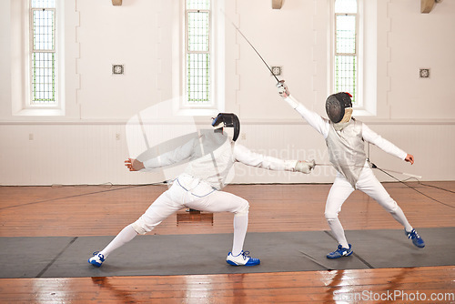 Image of People, training and fight in fencing competition, duel or combat with martial arts fighter and athlete with a sword and weapon. Warrior, blade and team in creative fighting, exercise or fitness