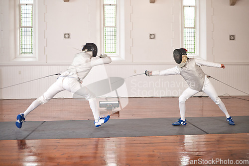 Image of Training, people and fight in fencing competition, duel or combat with martial arts fighter and athlete with a sword and weapon. Warrior, blade and team in creative fighting, exercise or fitness