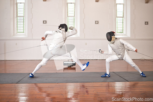 Image of Fight, training and people in fencing competition, duel or combat with martial arts fighter and athlete with a sword and weapon. Warrior, blade and team in creative fight, exercise or fitness