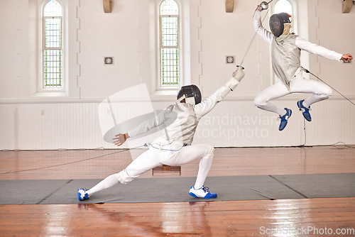 Image of Fencing, exercise and people fight, jump and training, fitness or workout for energy with epee sword in club. Battle, fencer or athlete in performance, competition or sports with mask, helmet or suit