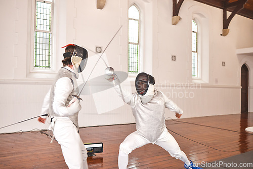 Image of Sport, fight and men with fencing sword in training, exercise or workout in a hall. Martial arts, match and fencers or people with mask and costume for fitness, competition or target in swordplay