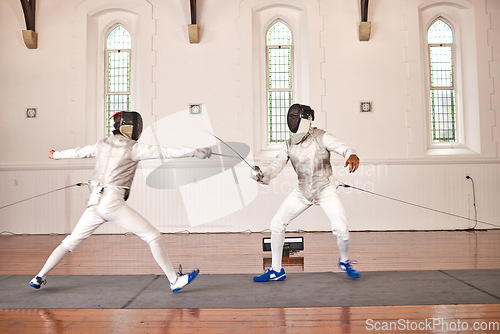 Image of People, training with sword and fight in fencing competition, duel or combat with martial arts fighter and athlete with a weapon. Warrior, blade and sport with creative fighting, exercise or fitness