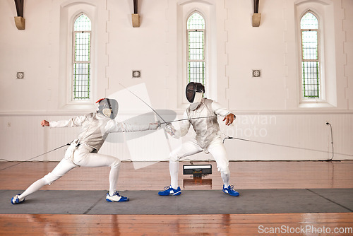 Image of People, fighting and fencing with a sword in competition, duel or combat with martial arts fighter and athlete with a weapon. Warrior, blade and person in creative fight, exercise or fitness