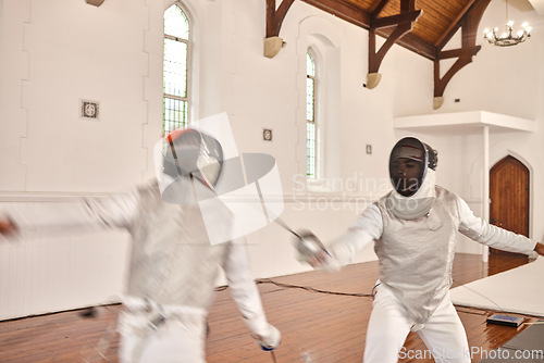 Image of Fight, sport and people with fencing sword in training, exercise or workout in a hall. Martial arts, foil and fencer men with a mask and costume for fitness, competition or stab target in swordplay