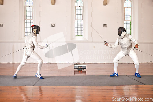 Image of People, fencing and fight in competition, duel or training for combat with martial arts fighter and athlete with a sword and weapon. Warrior, blade and sport of creative fighting, exercise or fitness