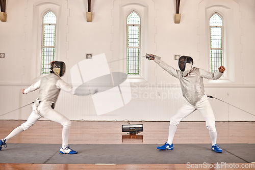 Image of People, training and fighting in fencing competition, duel or combat with martial arts fighter and athlete with a sword and weapon. Warrior, blade and team in creative fight, exercise or fitness