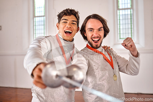 Image of Winning, fencing and men with medal in portrait for celebration after success, goal achievement or victory in club. Face, fencer or champion team excited for podium with epee sword in sports training