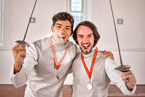 Image of Fencing, winner and men with medal in portrait for celebration after success, goal achievement or victory in club. Face, fencer or champion team excited for podium with epee sword for sports training