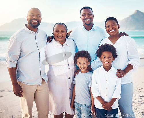 Image of Happy, smile and portrait of black family at beach for travel, summer break and bonding on vacation. Relax, holiday trip and generations with parents and children for quality time, sunshine and fun
