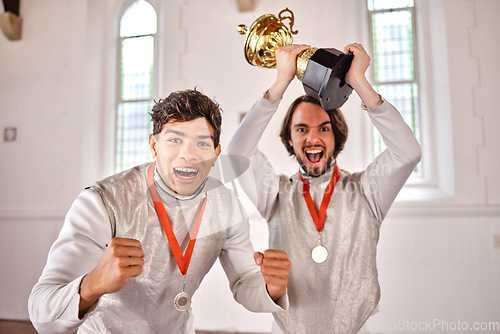 Image of Sports, fencing and portrait of men with trophy for winning competition, challenge and match in gym. Fitness, sword fighting and excited male athletes celebrate with prize for games or tournament