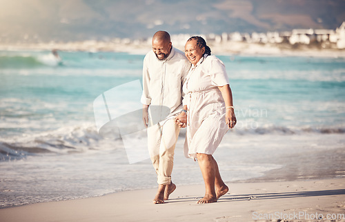 Image of Love, hand holding and senior with black couple at beach and laugh on retirement, vacation and summer break. Travel, smile and and bonding with man and woman walking for happy, funny and relax