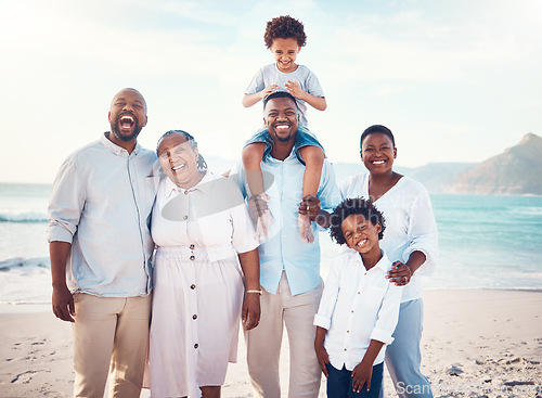Image of Travel, smile and portrait of black family at beach for happy, summer break and bonding on vacation. Relax, holiday trip and generations with parents and children for quality time, sunshine and fun
