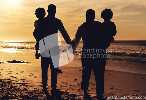 Image of Beach, holding hands and family in sunset silhouette for summer vacation, holiday and travel love with children. Parents or people together with kids rear by ocean or sea for bonding, peace and care