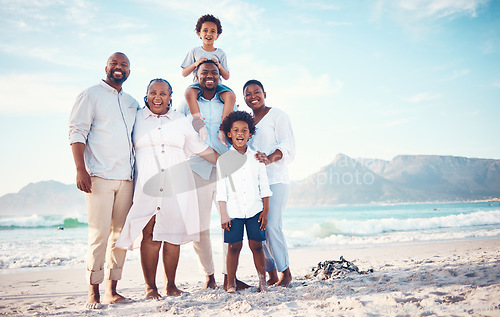 Image of Happy, travel and portrait of black family at beach for smile, summer break and bonding on vacation. Relax, holiday trip and generations with parents and children for quality time, sunshine and fun