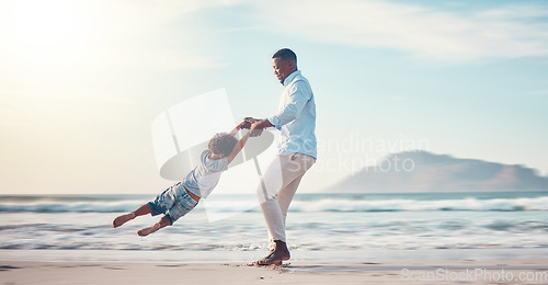 Image of Travel, spinning and father with son at beach for bonding, support and summer break. Happy, playing and vacation with black man and child swinging together for happiness on holiday trip with mockup