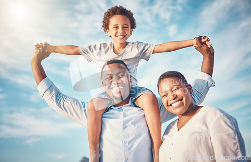 Image of Portrait, black family and happy parents playing with kid or child outdoors on vacation or holiday and bonding together. Mother and father carrying son on shoulders with smile, excited and happiness