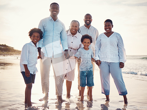 Image of Sunset, smile and portrait of black family at beach for travel, summer break and bonding on vacation. Relax, holiday trip and generations with parents and children for quality time, sunshine and fun