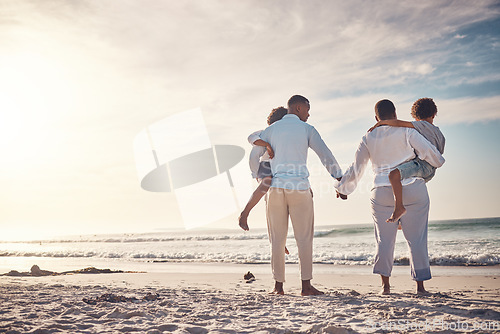 Image of Back, black family and beach for vacation, support and quality time on break, mockup and summer. Love, African American parents and children on seaside holiday, adventure or journey to relax and sand