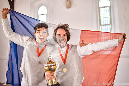 Image of Fencing, France flag and portrait of men with trophy for winning competition, challenge and match. Sword fighting, sports winner and excited male athletes celebrate with prize for games or tournament