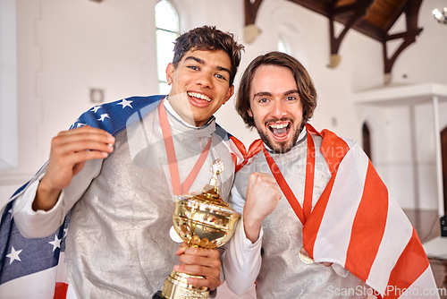 Image of USA flag, fencing and portrait of men with trophy for winning competition, challenge and sports match. Fitness, sword fighting and excited male athletes celebrate with prize for games or tournament