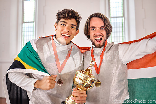 Image of South Africa flag, fencing and men with trophy for winning competition, challenge and sports match. Winner, sword fighting and portrait of male athletes celebrate with prize for games or tournament