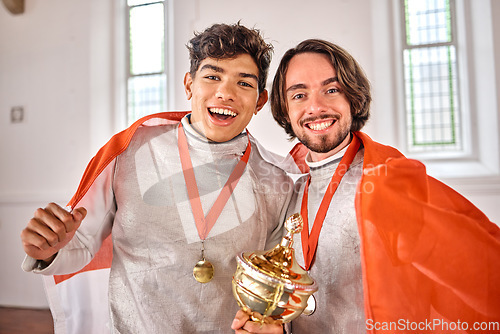 Image of Flag, fencing and portrait of men with trophy for winning competition, challenge and sports match. Canada, sword fighting and excited male athletes celebrate with prize for games and tournament