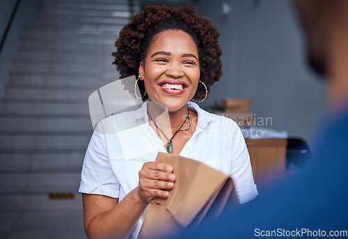 Image of Happy customer, delivery and a woman at a door with a paper bag from courier man at home. Face of person or client with package, parcel or fast food from online shopping, e-commerce or service