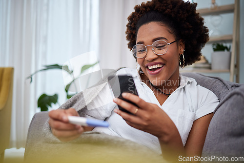 Image of Pregnancy test, phone and woman share results on social media, internet or online happy for a baby on a home couch. Excited, announcement and young person use cellphone to post positive good news