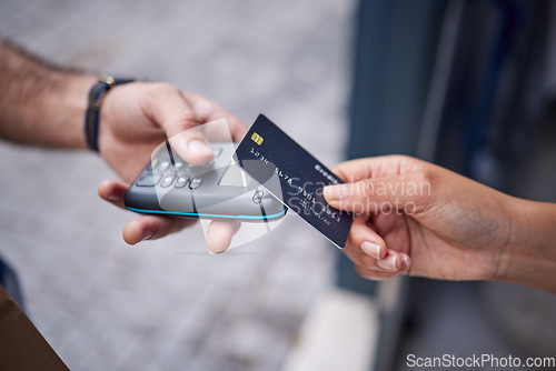 Image of People, hands and credit card with pos in payment for electronic purchase, delivery or scanning by door. Closeup of customer tap, paying or buying on machine for fintech, transaction or ecommerce