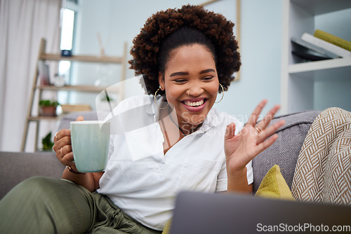 Image of Woman, coffee and video call on laptop in home for voip communication, internet and chat. Happy African female person wave hello on computer for virtual conversation, online contact and webcam