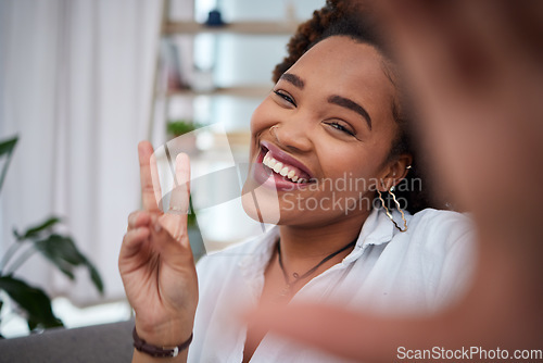 Image of Happy woman, portrait and peace sign for selfie, photography or social media and blog post at home. Face of excited African female person or photographer smile for photo, picture or peaceful memory