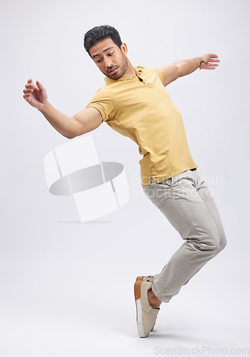 Image of Dance, movement and man on toes in studio for freedom, energy and performance. Creative, training and isolated male person balance, moving and in action pose for a dancer on mockup, white background