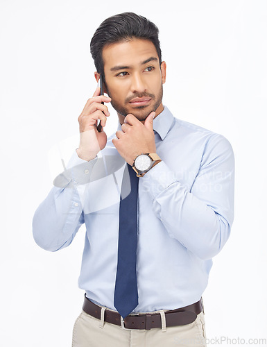 Image of Smartphone call, studio and confident corporate man, real estate agent or consultant networking, consulting and talking with contact. Thinking, mobile phone or male realtor pose on white background