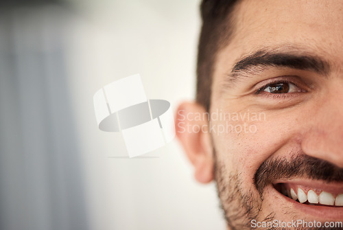 Image of Happy, half face and portrait of a man with a smile for a positive mindset with mockup space. Happiness, excited and young handsome male person with confidence by mock up for advertising or marketing