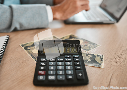 Image of Calculator, money and hands of accountant with laptop for budget, savings and tax. Computer, auditor and person with calculation for finance, bookkeeping and yuan cash for investment, profit or bills