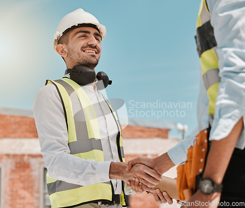 Image of Outdoor, men and engineer with handshake, greeting and agreement with welcome, hello and partnership. Shaking hands, male people and teamwork with collaboration, architecture and construction project