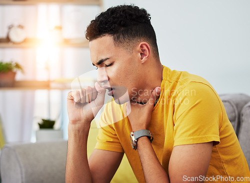 Image of Man on couch, cough and sore throat with flu, sick and home with inflammation, health issue and cold. Male person, house and guy with recovery from covid, healthcare and illness with chest infection