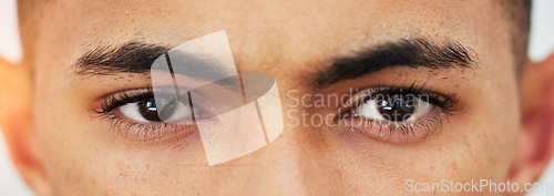 Image of Banner, closeup and portrait of the eyes of a man for optometry, eye care or microblading. Zoom, eyebrow cosmetics and face of a person or male model with vision, healthcare or contact lenses