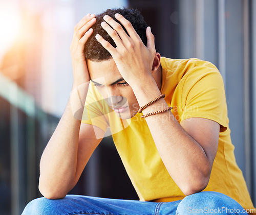 Image of Depression, man and outdoor of home with stress and problem with headache feeling worried and frustrated. Sad, grief and mental health of a male person with anxiety and tired from thinking of fail