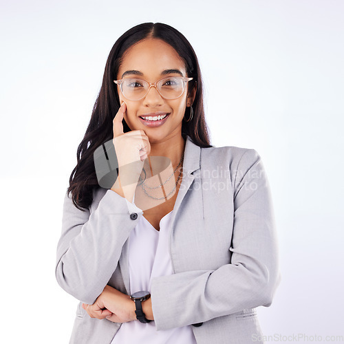 Image of Business woman, smile and job portrait with glasses in studio with vision and lawyer confidence. Female person, professional with work and career fashion with attorney worker and lady feeling happy