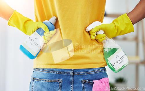 Image of Cleaner, chemical spray and bottle in hands, cleaning service and person, housekeeping and hospitality. Housekeeper back view, disinfectant detergent and hygiene with rubber gloves and liquid soap