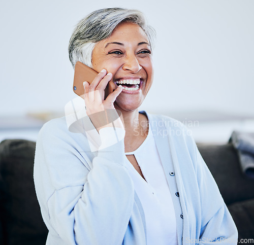 Image of Happy senior woman, phone call and laughing for funny joke, conversation or meme on sofa at home. Elderly female person laugh and smile for fun discussion on mobile smartphone for comedy in house