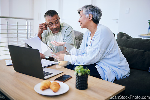 Image of Senior couple, documents and discussion for mortgage application, finance review and home for planning. Elderly woman, man and paperwork for property, thinking or brainstorming for funding at desk