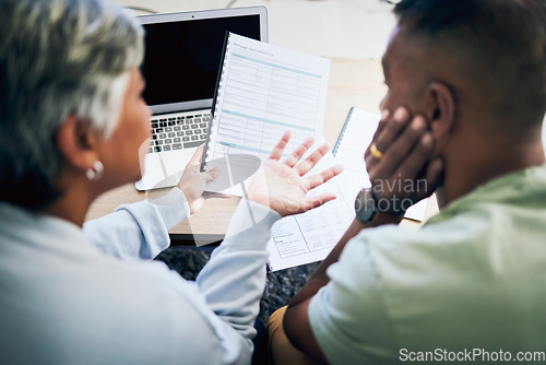 Image of Senior couple, documents and home for mortgage application, finance review and discussion for planning. Elderly woman, man and paperwork for real estate, thinking or brainstorming for funding at desk