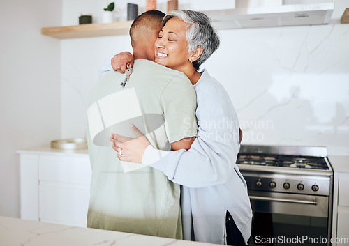 Image of Senior couple, new home and hug with key, smile and start life together with property investment for retirement. Happy elderly woman, man and embrace for real estate, house or apartment with goal