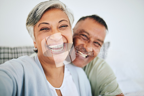 Image of Happy senior couple, portrait smile and selfie for social media, photography or memory together at home. Excited elderly woman and man in happiness for photo, picture or online post in the bedroom